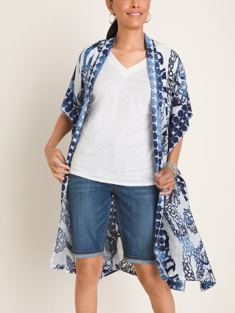 New NWT Chico's S/M Calm Blue Knit Filigree Burnout Goddess Long Ruana Jacket
